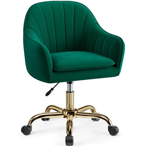 Image of Vanity Chair with Wheels, Comfy Home Office Desk Chairs Adjustable Modern Velvet Makeup Vanity Chairs for Bedroom Living Room-Green