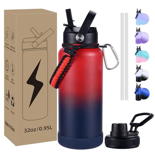 Image of Insulated Water Bottle, 32 oz Stainless Steel Wide Mouth Water Bottles with 2 Leak Proof Lid and Paracord Handle, Double Wall Vacuum Insulated Sports Water Bottle, Red Navy