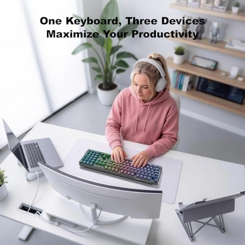 Image of MOFII Tri-Mode Wireless Keyboard, Transparent Full-Size with RGB Backlit, Bluetooth 5.0 /2.4G USB /Wired Gaming Keyboard for Windows Mac PC Laptop, Black - Office & Gamers