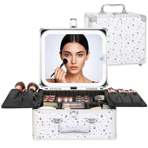 Image of Relavel Makeup Bag with LED Mirror, Makeup Box Travel Train Case with Rechargeable Lighted Mirror, Cosmetic Brush Organizer Storage for Makeup Artists Gifts for Women and Girls, Shining Star