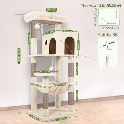 Image of Globlazer Cat Tree Tower with Scratching Post for Indoor Cats, 53inch Tall Plush Multi-Level Cat Climbing Tower Condo House with Large Hammock, Spacious Cat Cave, Big Padded Top Perch Bed, F53, Beige