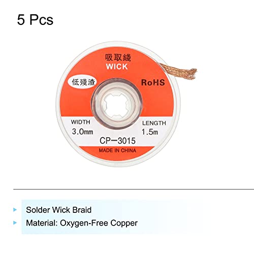 Image of MECCANIXITY Solder Wick Braid No-Clean Desoldering Wick Braid 0.12 Inch Width 4.92 Feet Length for Remove the Solder Electrical Components 5 Pack