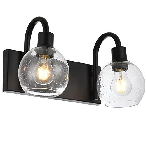Image of Bathroom Vanity Light with Globe Seeded Glass 2-Lights Industrial Black Wall Sconce Lighting for Foyer Hallway
