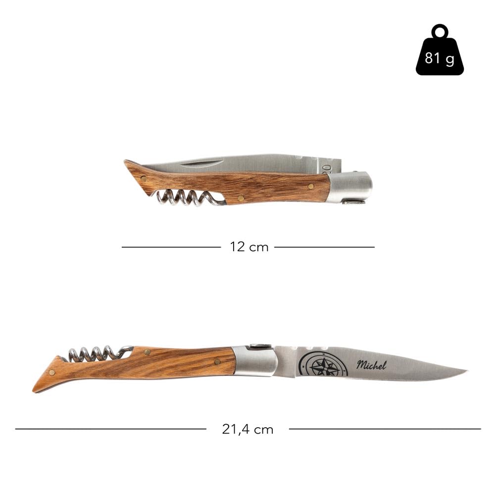 Couteau de poche personnalisé – Tire bouchon, manche en frêne et gravure sur lame – Cadeau personnalisé homme fête des pères, anniversaire ou Noel