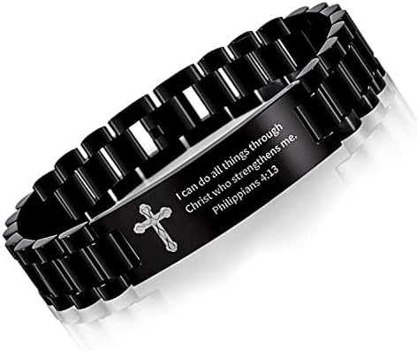 KRFITYA Religious Quote Faith Christian Bible Verse Bracelet Stainless Steel Jesus Cross Scripture Engraved Bracelet Inspirational Encouragement ID Wristband for Men