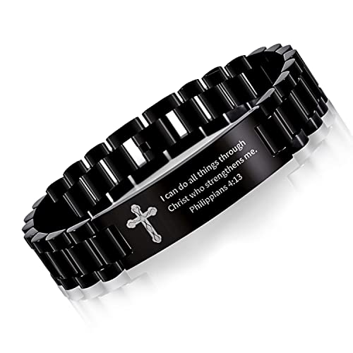Religious Quote Faith Christian Bible Verse Bracelet, Stainless Steel Jesus Cross Encouragement Bracelet, Inspirational Wristband for Men