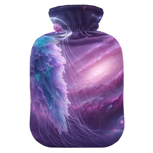 Jellyfish in Purple Space Hot Water Bottle with Soft Velvet Cover Hot Water Bag for Neck and Shoulder Pain Relief, 2 Liters