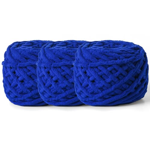 3 Pack Plush Chenille Chunky Yarn 100g (49.2yd) - Fluffy Velvet Yarn Crochet for Blanket Knitting and Crocheting - Baby Yarns for Crocheting Soft - Amigurumi Yarns (Sapphire Blue)