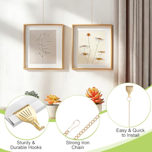 Image of Picture Hanging Kit - 10Pcs Frame Rail Hooks with 10Pcs Chains, Art Display Hanging System in Two Sizes for Wall Picture, Exhibition(Gold, 30CM & 60CM)