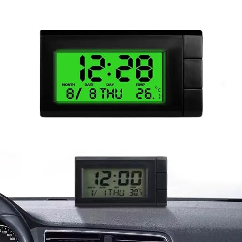 Digital Car Clock with Thermometer & Calendar - Compact LCD Dashboard Display, Green Backlight, Adhesive Mount (No Drilling, 2.7 Inch) (Green)