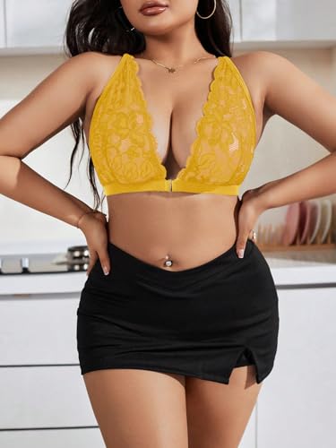 Image of MakeMeChic Women's Plus Size Lace Bralette Front Closure Bras Wireless Deep V Triangle Sexy Lace Bra