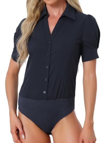 Allegra K Women's Bodysuit Tops Button Down Collared Office Blouse
