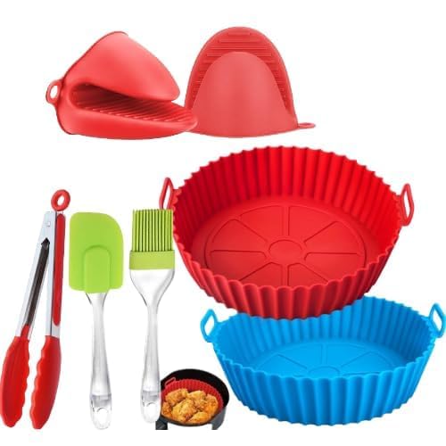 Image of Air Fryer Package - 6 Pack Air Fryer Liners & Accessories - 8.5 inch (5-9 Qt) Food Grade BPA-Free Reusable Silicone Baskets /Pots /Liners 9 Inch Tongs (P2...)