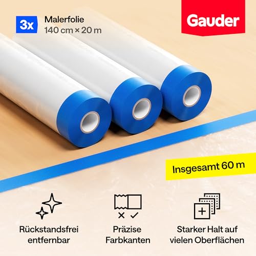 GAUDER Abdeckfolie mit Klebeband - Malerband mit Folie - 84 m² Malerfolie mit Klebeband - Malerband Abklebefolie perfekt für Fenster, Türen und Schalter (3 Rollen - 140 cm x 20 m)