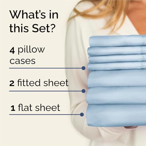 Image of Split King 7 Piece Bed Sheet Set - Comfy, Breathable & Cooling - Sky Blue | Ultra-Soft Hotel Luxury Bedding Set w / 8-16 Inch Deep Pockets, 1 Flat & 2 Fitted Sheet & 4 Pillowcases, Wrinkle & Fade Free