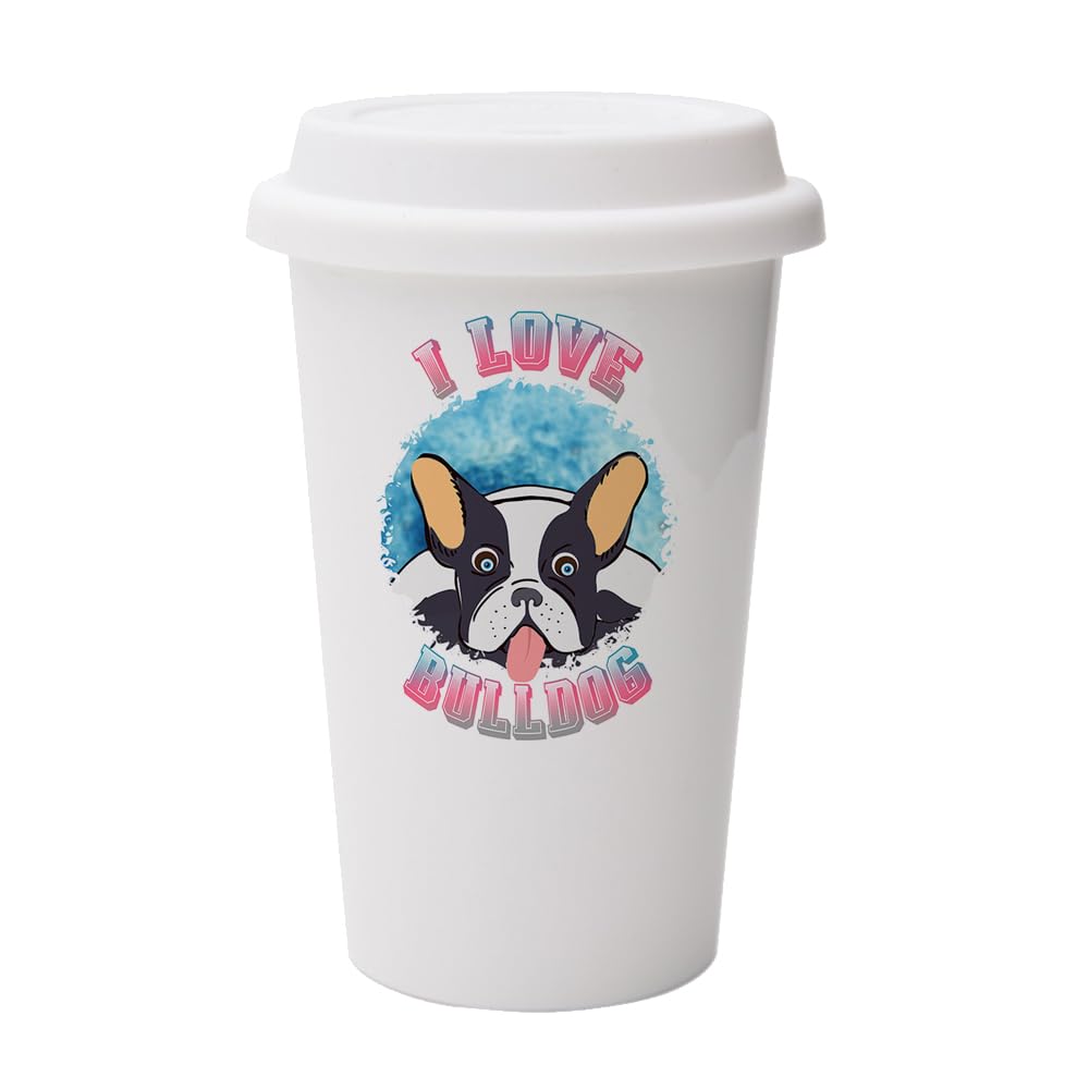 I Love Bulldog, Dog Lover Gift, Pet Owner Gift, Wall Eco Insulated, White Ceramic Travel Mug, with White Lid.
