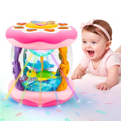 Baby Girl Toys Ocean Projector Rotating Musical Light Up Tummy Time Toy Infant Aquarium Crawling Walking Learning Toys Babies Boys Girls First Birthday Newborn Shower Gifts