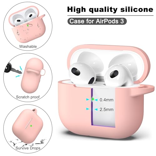 Image of R-fun AirPods 3 Case Cover, Silicone Protective Accessories Skin with Keychain Compatible with Apple AirPod 3rd Generation 2021 for Women Girl,Front LED Visible-Sand Pink