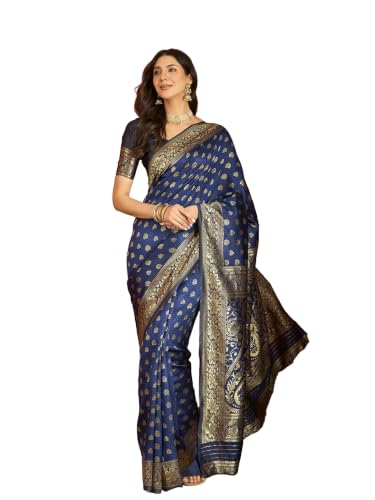 Image of Elegant Banarasi Silk Blend Saree with Gold Zari Woven Floral Border