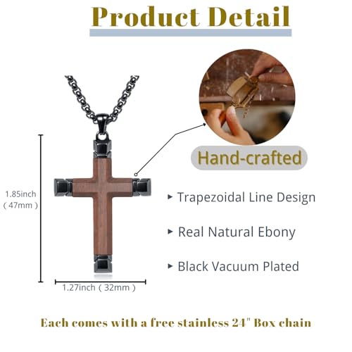 Wooden Cross Necklace for Men, Brown Ebony Masculine Mens Cross Necklaces Christian Black Stainless Steel Wood Crucifix Pendant, Includes 24" Box Chain2