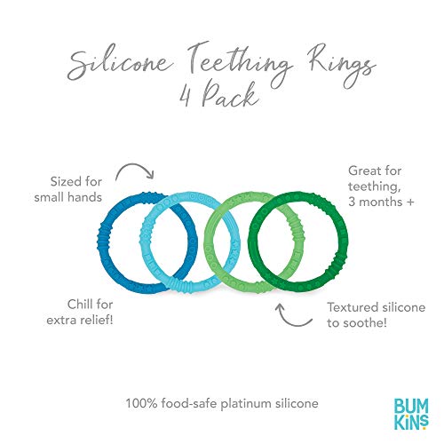 Image of Bumkins Baby Teething Freezer Toy Keys Rings, Soft Flexible Pacifier to Chew, Cool Teether Gum Relief, Babies 3 Months, Freezable, Platinum Cured Silicone, Sensory Bracelet, 4-pk Blue and Green