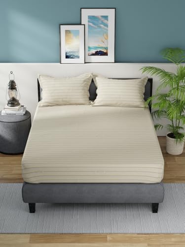 Image of NAUTICA Super Soft 100% Cotton King Bedsheet with 2 Pillow Covers -3pc Set (Bradford) | 160TC | Super Soft Touch Stripe-Coffee /Brown