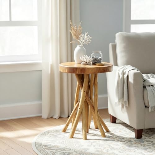 WELLAND Teak Wood Stick Leg End Table, 16' L x 16' W x 20' H Rustic Side Table, Small Accent Table, Plant Stand for Living Room, Bedroom, Home Office