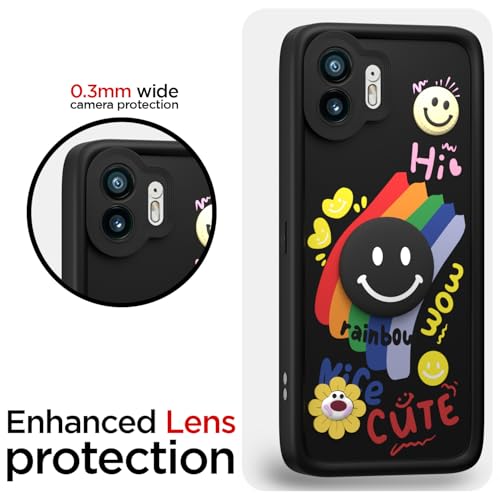 Image of Pikkme Back Cover for Nothing Phone 2 | Soft Silicone| Cute Rainbow Smile & 3D Cartoon Flower Design | Shockproof Raised Camera Protection Bumper Case (Black)