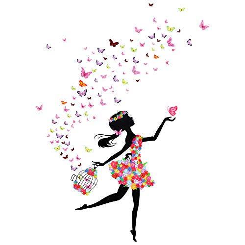 2 Sheets Flower Fairy Wall Murals Girl Wall Decals With Flowers And Butterflies Decorative Girl On Bicycle Wall Stickers For Girls Kids Bedroom Birthday Party Favor #TOP5