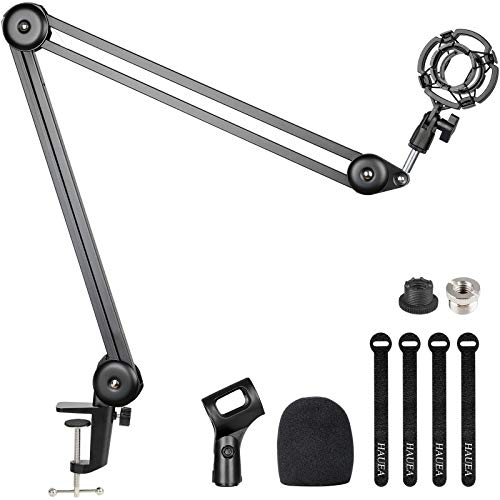 HAUEA Large Microphone Arm Stand(18.9â€), Adjustable Suspension Boom Scissor Arm Stand with Shock Mount, Mic Windscreen, 3/8