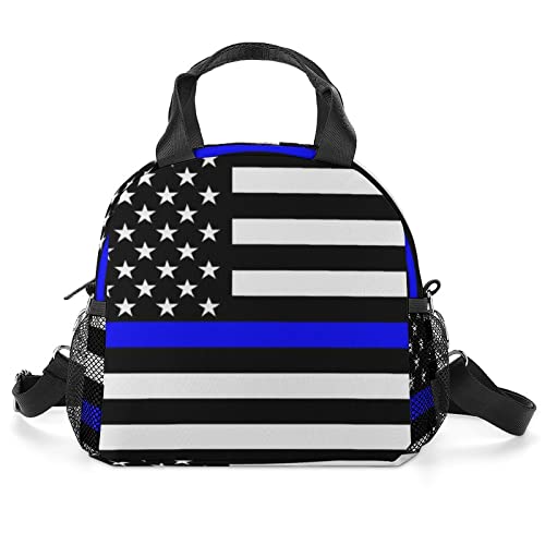 USA Police Blue Line Flag Lunch Bag for Women Men, Portable Insulated Lunch Box, Lunch Tote Bag for Work Outdoor