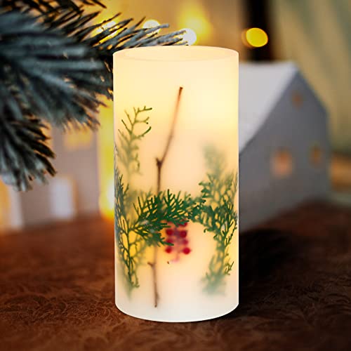 Immeiscent Christmas Flickering Flameless Candles, Red Berry Embedded Battery Candles, D4”Xh8”,Real Wax Pillar Candle With Timer For Wedding, Holiday,Christmas,Home Decor,Bedroom,Party (Arborvitae) #TOP3
