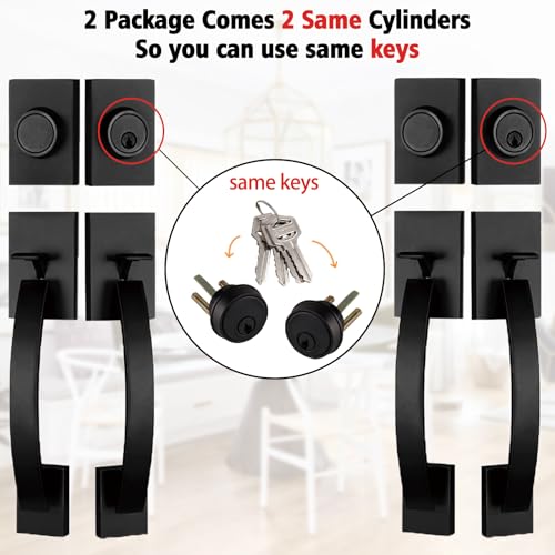 Image of NEWBANG 2 Pack to be Keyed Alike Modern Keyed & Dummy Entry Handlesets for Double Front Doors with Same Culinders and Same Keys in Matte Black(2 PC Keyed and Dummy),MDHST2017DB-SET-2P