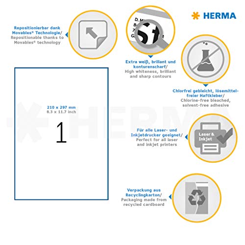 Herma Self Adhesive Removable Multi-Purpose Labels, 1 Label Per A4 Sheet, 100 Labels For Printers, (10315), White, 210 X 297 Mm #TOP4