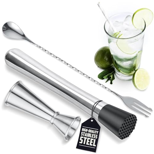 Image of finality Mojito Muddler Bar Tool Set, 3 PCS Cocktail Set Mixing Tools Stainless Steel Cocktail Muddler with Cocktail Spoon Long Handle and Jigger for Mojitos Fruit Drinks (Fork Spoon Jigger Set)