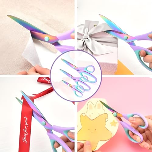 Image of Scissors Set with Titanium Coated Stainless Steel Blades | Set of 3 | Multi-Color Scissors with Soft Grip Handles for Paper, Fabric, Ribbon, Crafting, Office, School & Home Use