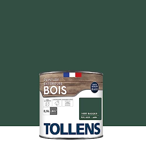 Tollens - Peinture extérieure bois 2 en 1 - Ultra Résistante - Finition Satin - Laque Riche en Résine - Pour Toute Boiserie Extérieure - Sans Sous-Couche - Vert Basque - 0,5L = 8m2