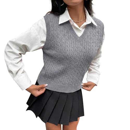 Barry.Wang Women's Grey Sweater Vest Sleeveless Knitted Preppy Style Tank