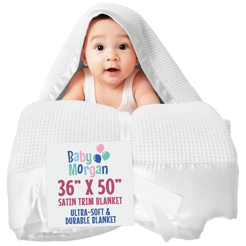 Image of Blankets Thermal Waffle Baby Blanket Crib Bedding - Soft Cozy Warm Infant Thermal Cover for Nursery Stroller or Bassinet, Lightweight Ideal Shower Gift, Satin Trim White 36 inch x 50 inch