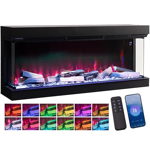 INMOZATA Electric Fireplace 50inch 3D Media Wall Fire, with Multi Flame Colors&Bottom Lights&Top Lights, Sound Effects, 7day Programmable, APP Control