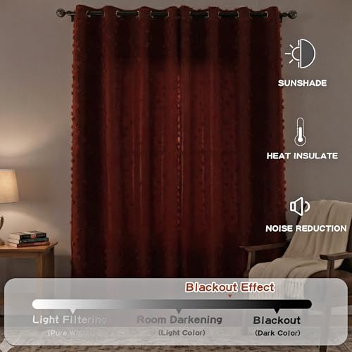 Image of MYSKY HOME Double Layer Boho Curtains for Bedroom 63 Inches Length Long Terracotta Pom Pom Sheer Window Drapes 2 Panels Girls Curtain Room Darkening Grommet Blackout Curtains, W52 X L63