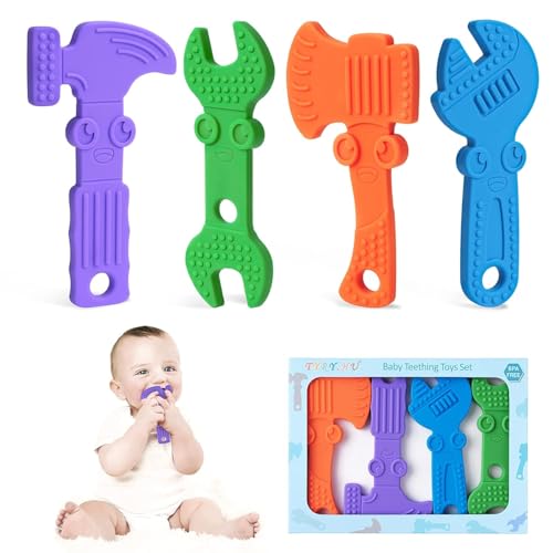 Image of TYRY.HU Baby Teething Toys for Babies, Baby Teether Toys, BPA Free Silicone Baby Molar Teether Chew Toys, Hammer Wrench Spanner Pliers for Boys Girls, Soft-Textured, Easy to Hold & Clean, 4 Packs