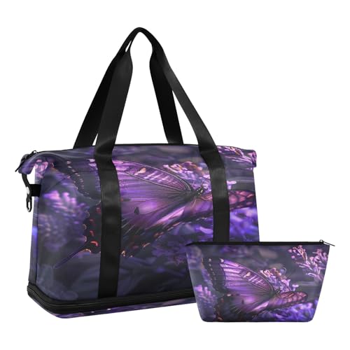 Butterfly Purple Flower4 Travel Duffel Bag Waterproof Gym Sport Tote Bag Carry On Weekender Bag with Compartment
