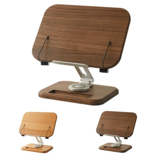 TAKEY教科書スタンド | 読書用の調節可能なブックホルダー,木とアルミニウムのフレーム、クックブック用のページクリップ付き調節可能なブックスタンド 本棚 ブラックウォールナット無垢材読書用 (クルミ)