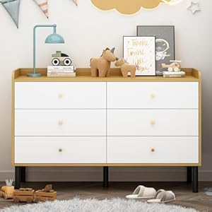 Kids Dresser for Bedroom, 6 Drawer Baby Dresser with Golden Handles, Modern Wood Chest for Hallway, Entryway, Nursery, White