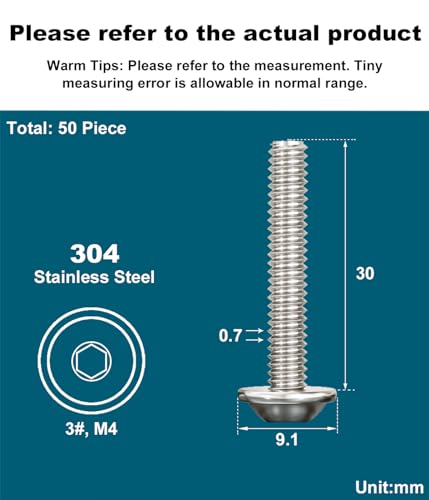 Drenky Flanged Button Head Screws M4 Bolts 50 Pcs Socket Flanged Button Screws M4 X 30mm 304 Stainless Steel Hexagon Socket Pan Head Screws Fully Thread Machine Screws, Rustproof - Image 2