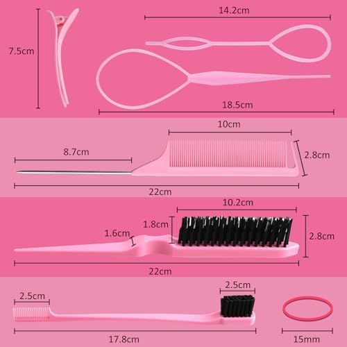 7 Pcs Pink Hair Brush Set Bristle Hair Brush and Double Sided Hair Brush Topsy Hair Tail Tools Edge Control Brush Metal Pin Rat Tail Combs for Hair Styling for Woman Girls - Image 3