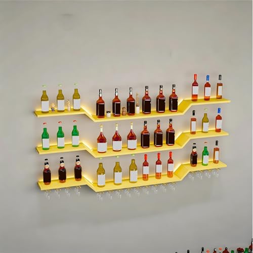 WXZXWXZX Botellero de Pared con LED y estantes flotantes de 3 Niveles, botellero Vino con Soporte para Copas, Ideal para Bares domésticos y cocinas(Gold,120cm/47.2in)