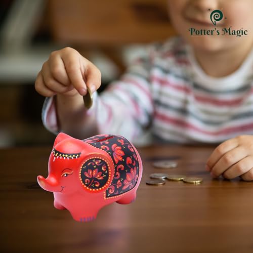 Image of Potter's Magic Ceramic Hand Painted Elephant Piggy Bank with Lock | Modern Lucky Money Bank | Piggy Bank for Womens | Mitti ka Gullak | Kiddy Bank for Boys & Girls (Without Glaze) (Red)