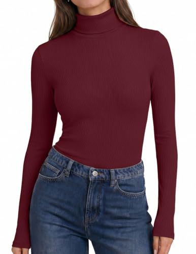 Ekouaer Womens Turtleneck Tops Winter Ribbed Long Sleeve Shirts Burgundy